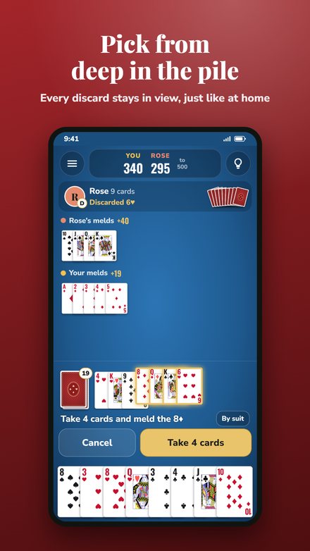Taking four cards from the discard pile to meld the 8 of diamonds