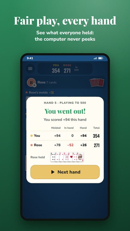 You went out: the hand's scores and the cards Rose was left holding